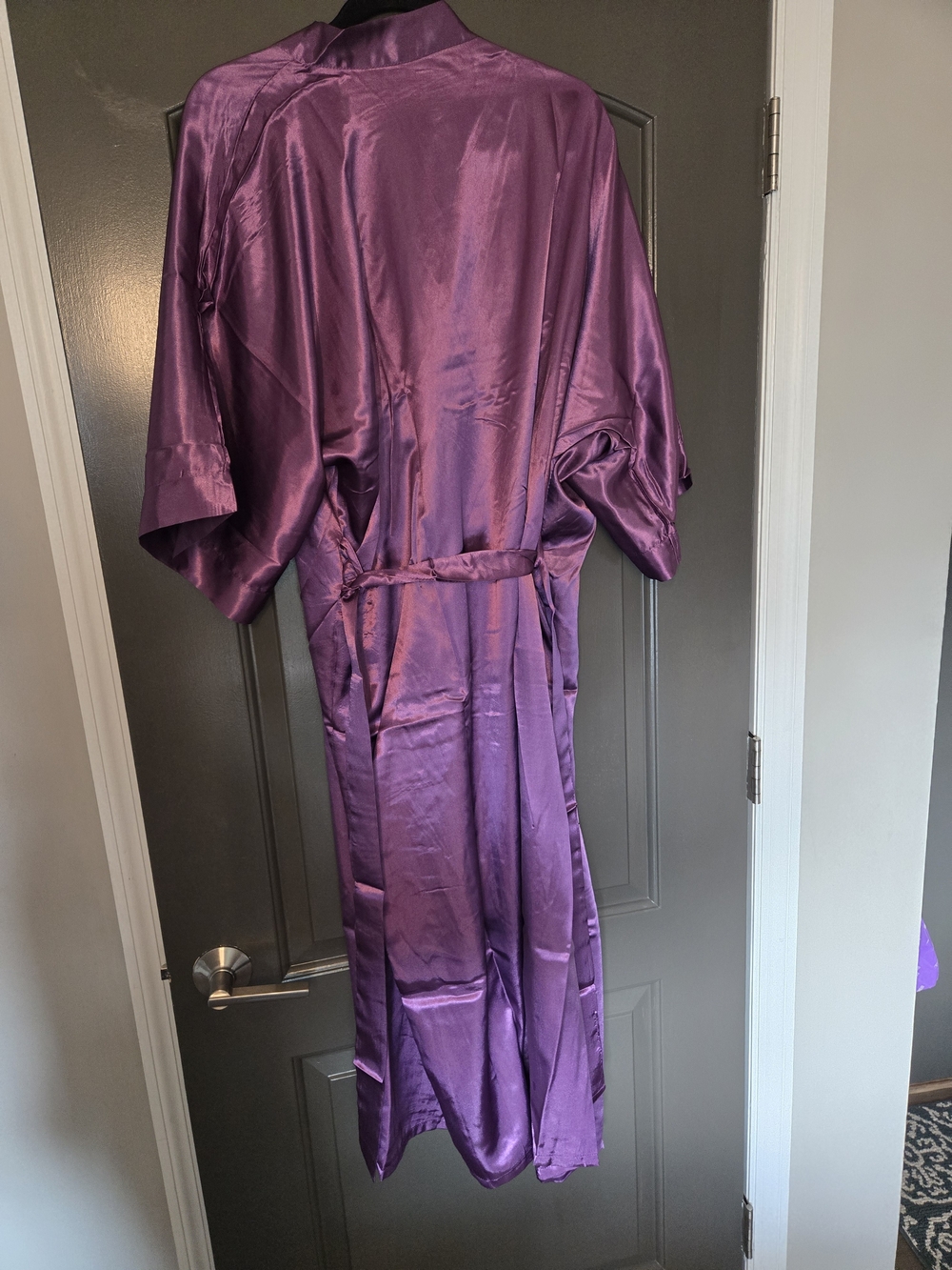 Silky Purple Satin Robe with Waist Tie - Picture 5 of 5